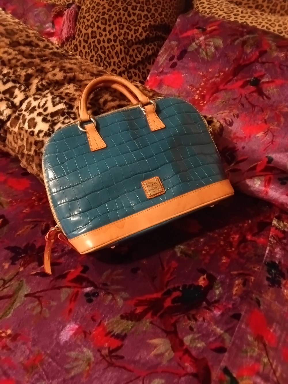 Dooney & Bourke Teal Croc-Embossed Satchel with Tan Trim#Vintage